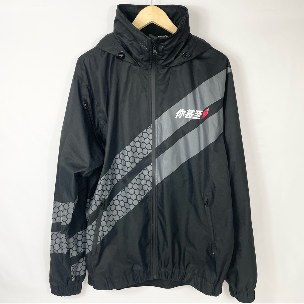 3/$25 Dynasty Black Windbreaker Jacket Rollaway Hood Zip Pockets Chinese XL